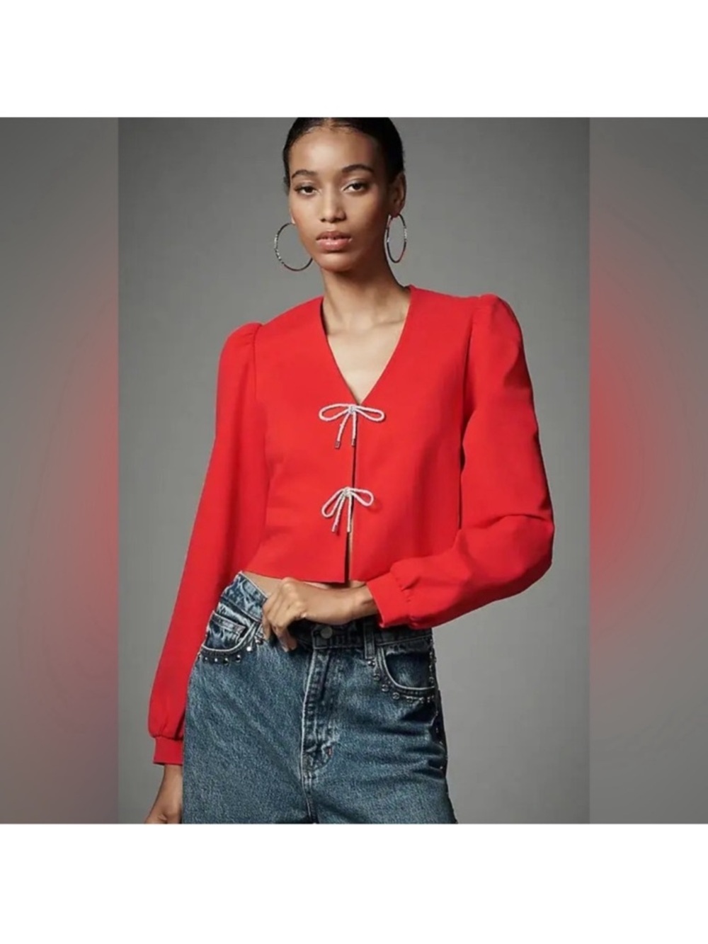 Dolan Left Coast Red Cropped Rhinestone Bow Cardigan Top‎ Puff Sleeve Medium